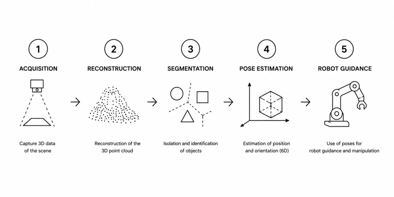 Diagram of the 5 steps in an industrial 3D vision system: acquisition, reconstruction, segmentation, pose estimation, and robot guidance