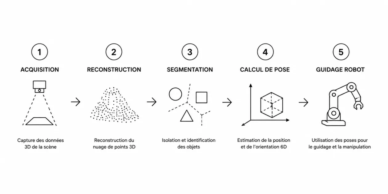 Schéma des 5 étapes d'un système de vision 3D industrielle : acquisition, reconstruction, segmentation, calcul de pose, guidage robot